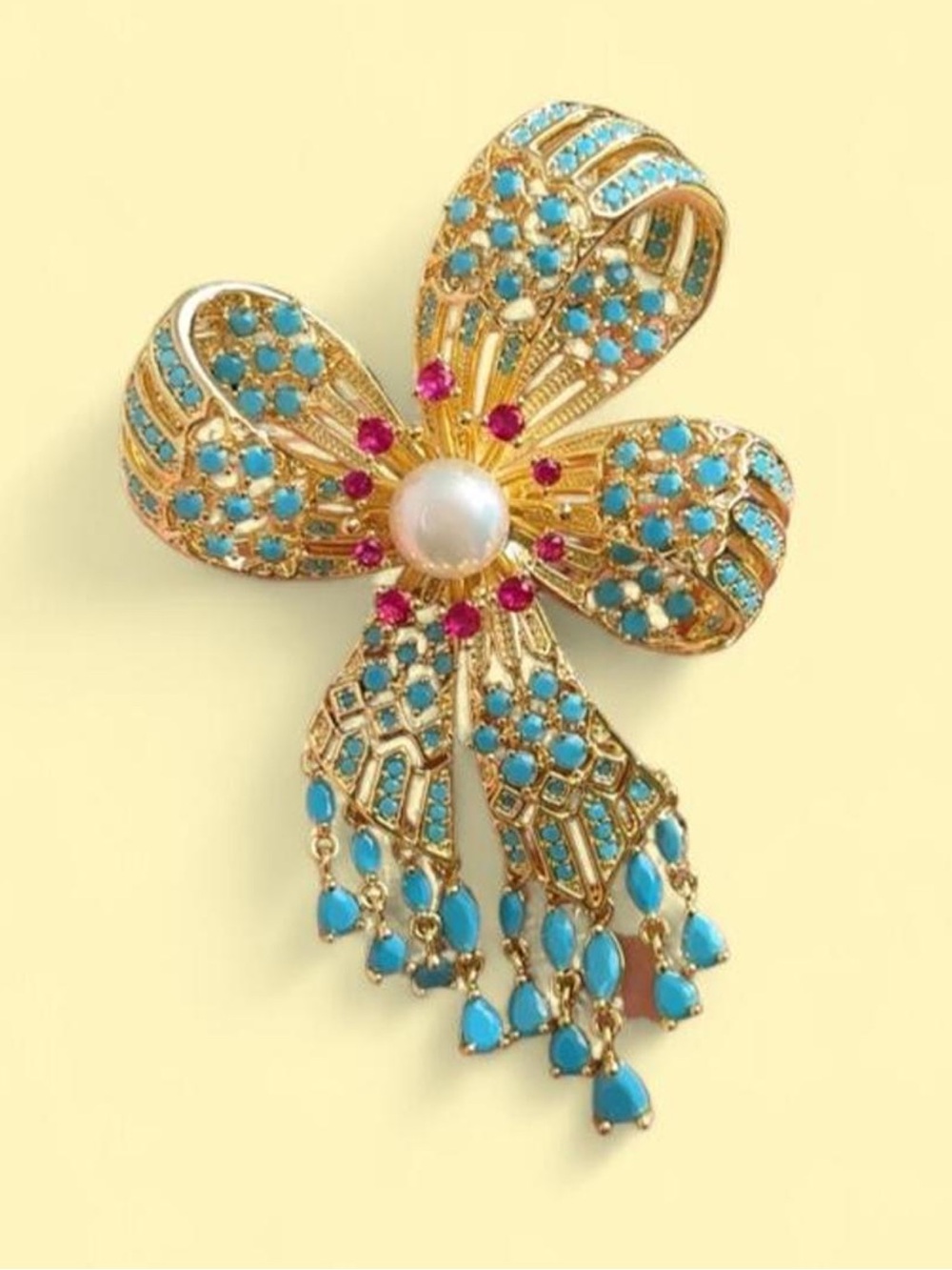 Gold-tone Genuine Pearl Floral Bow Brooch with Turquoise Stones